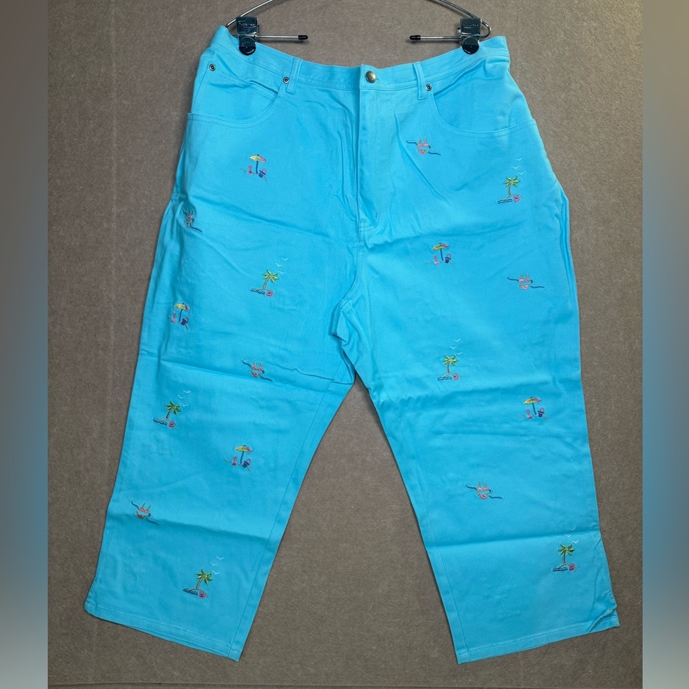 Quacker Factory Blue Embroidered Beach Crop Jean Pants 2X
